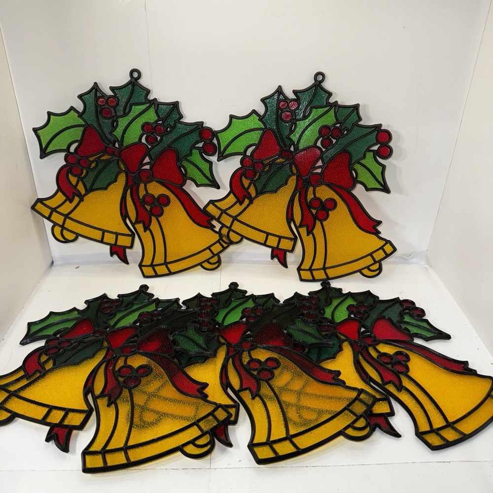 LOT 5 Plastic Christmas Stained Glass Look Suncatchers Bells VINTAGE Hong Kong